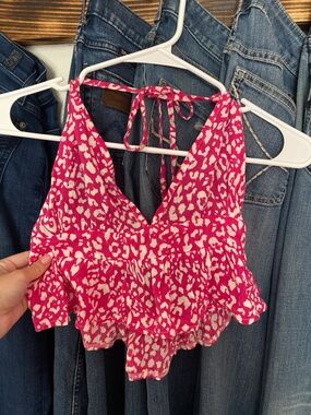 Pink Leopard Print Ruffle Halter Crop Top